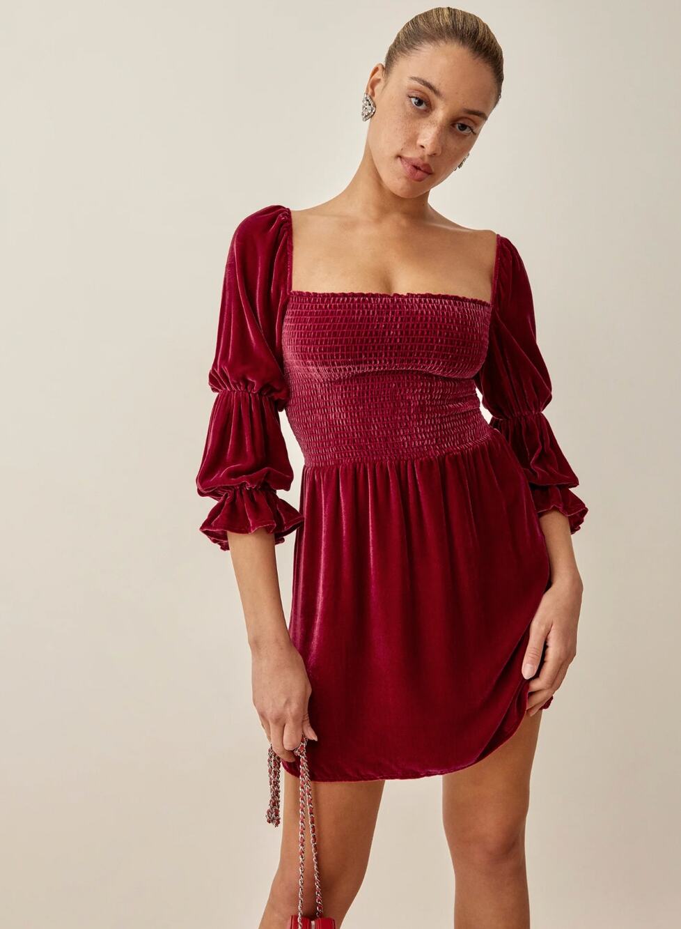 Reformation Albi Crimson Red Velvet Smocked Long Sleeve Dress Size Small